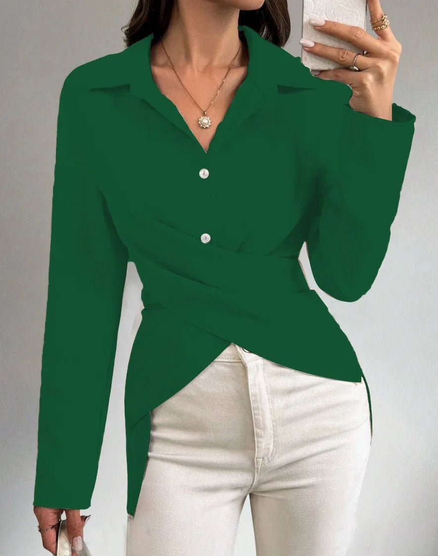 Elegant Autumn Women's Shirt V-Neck Fashion Simple Versatile Waist Cinching Solid Color High Waist Slim Fit Long Sleeved Shirt