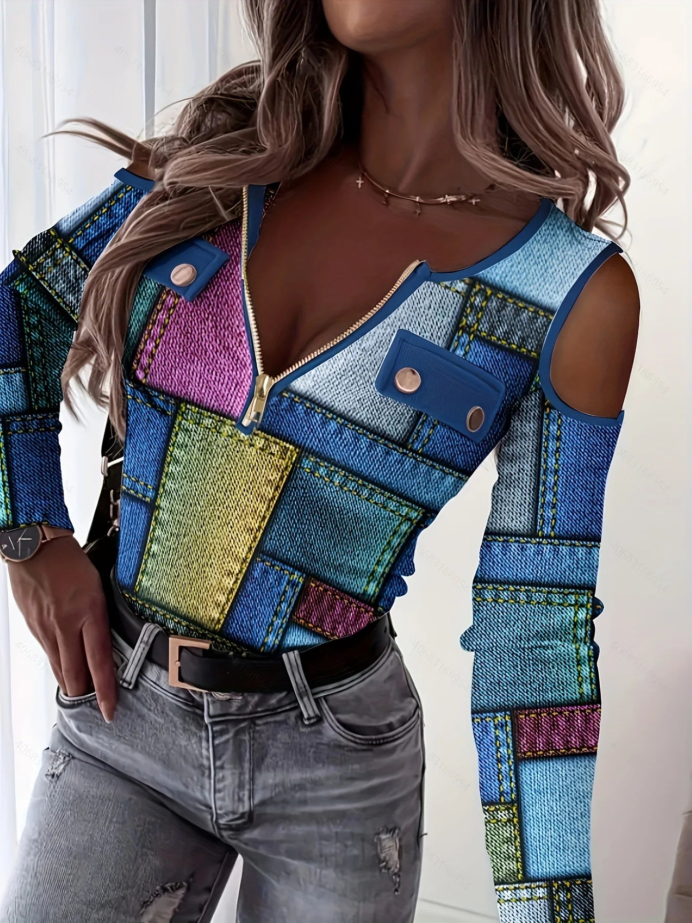 Plus Size V-Neck Zipper Design Long Sleeve Blouse: Stylish Top for Modern Women's Fashion