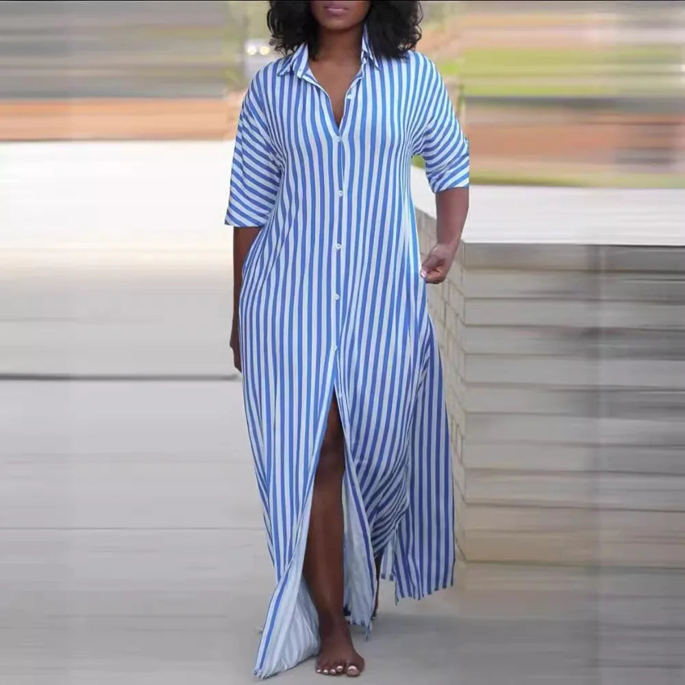 Women Casual Shirt Dress V-Neck Irregular Print Slit Midi Dress Summer Fashion Elegant Beach Vacation Female Clothing