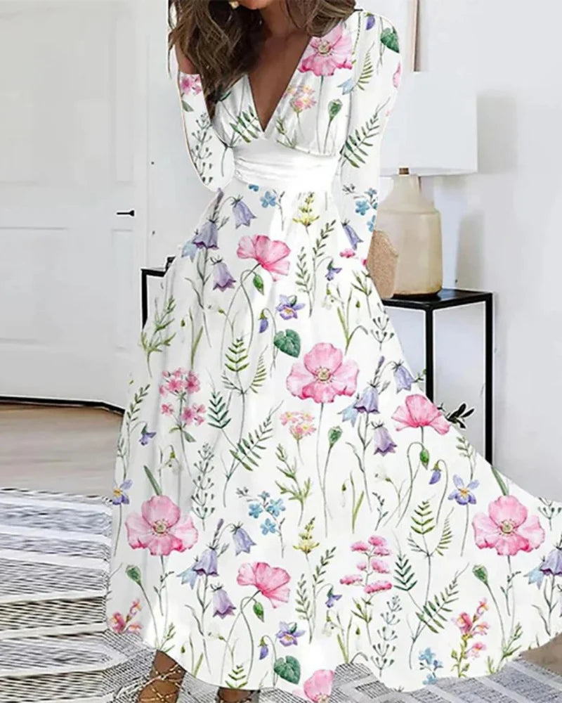 Autumn Elegant Flower Printed Long Dresses For Women Sexy V-neck Long Sleeve Fashion Party Prom Dress Female A-line Maxi Vestido