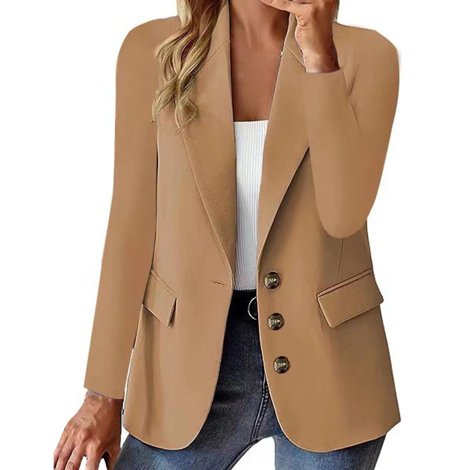 Olyvenn Sales Women's Fashion Solid Button Suit Coat Lapel Long Sleeve Hatless Casual Coat/Jacket Oversized Work Office Business