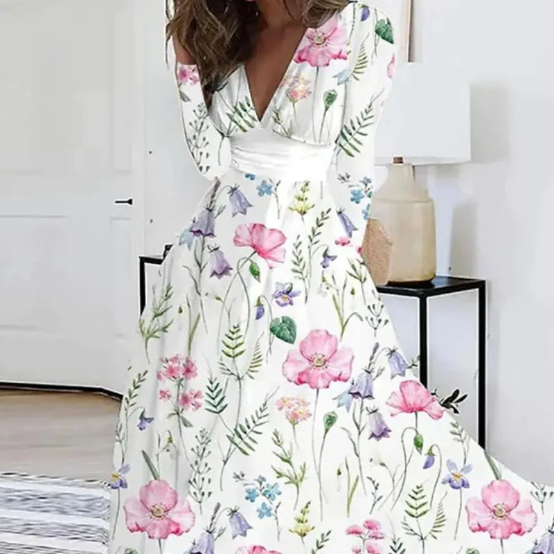 Autumn Elegant Flower Printed Long Dresses For Women Sexy V-neck Long Sleeve Fashion Party Prom Dress Female A-line Maxi Vestido