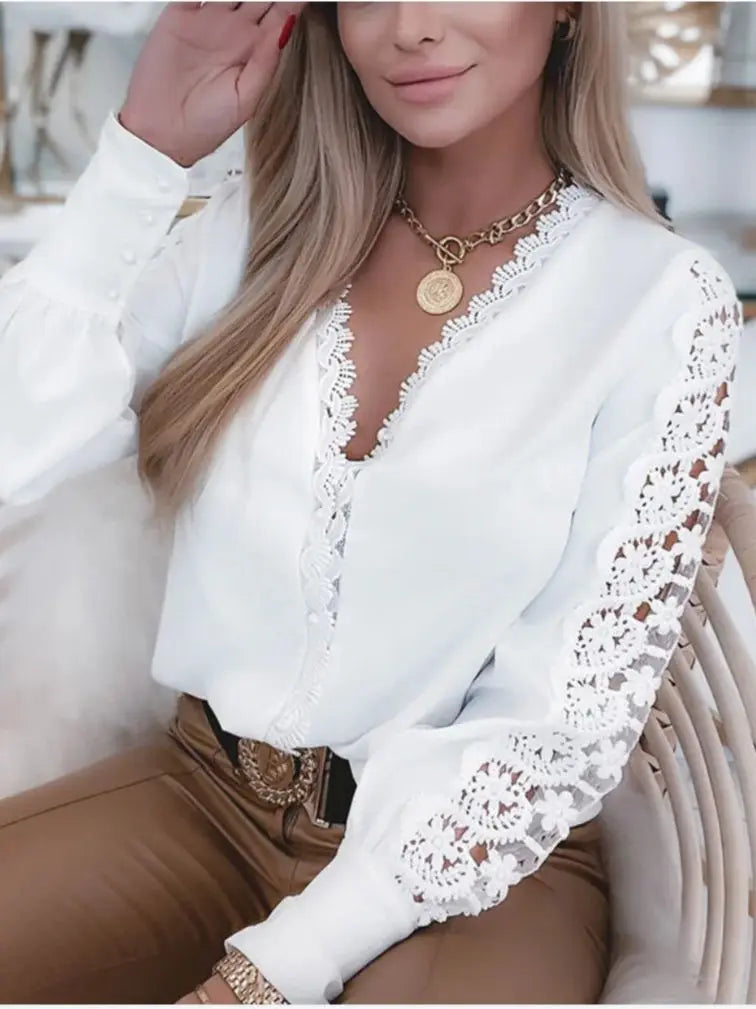 Sexy V Neck Long Sleeve Lace Crochet Floral Print Slim Loose Blouse Shirts Summer Women Lace Patchwork Blouse Tops