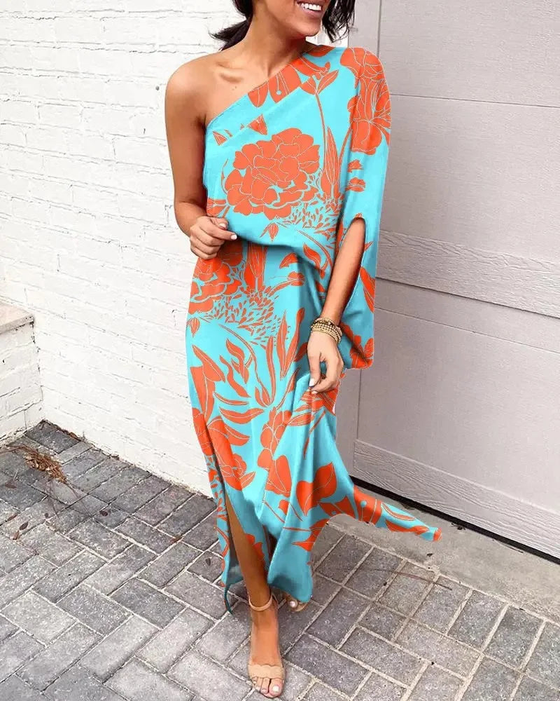 Lady Sexy Diagonal Collar Boho Long Dress Women Flower Print Half Sleeve Split Off Shoulder Irregular Party Dress for Wedding