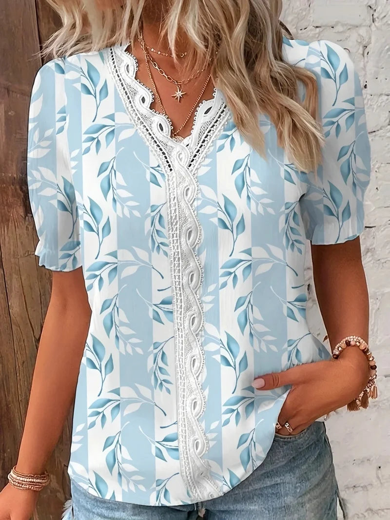 Women's Shirt Blouse  Violets White Plain Lace Short Sleeve Casual Basic V Neck Regular Plus Size