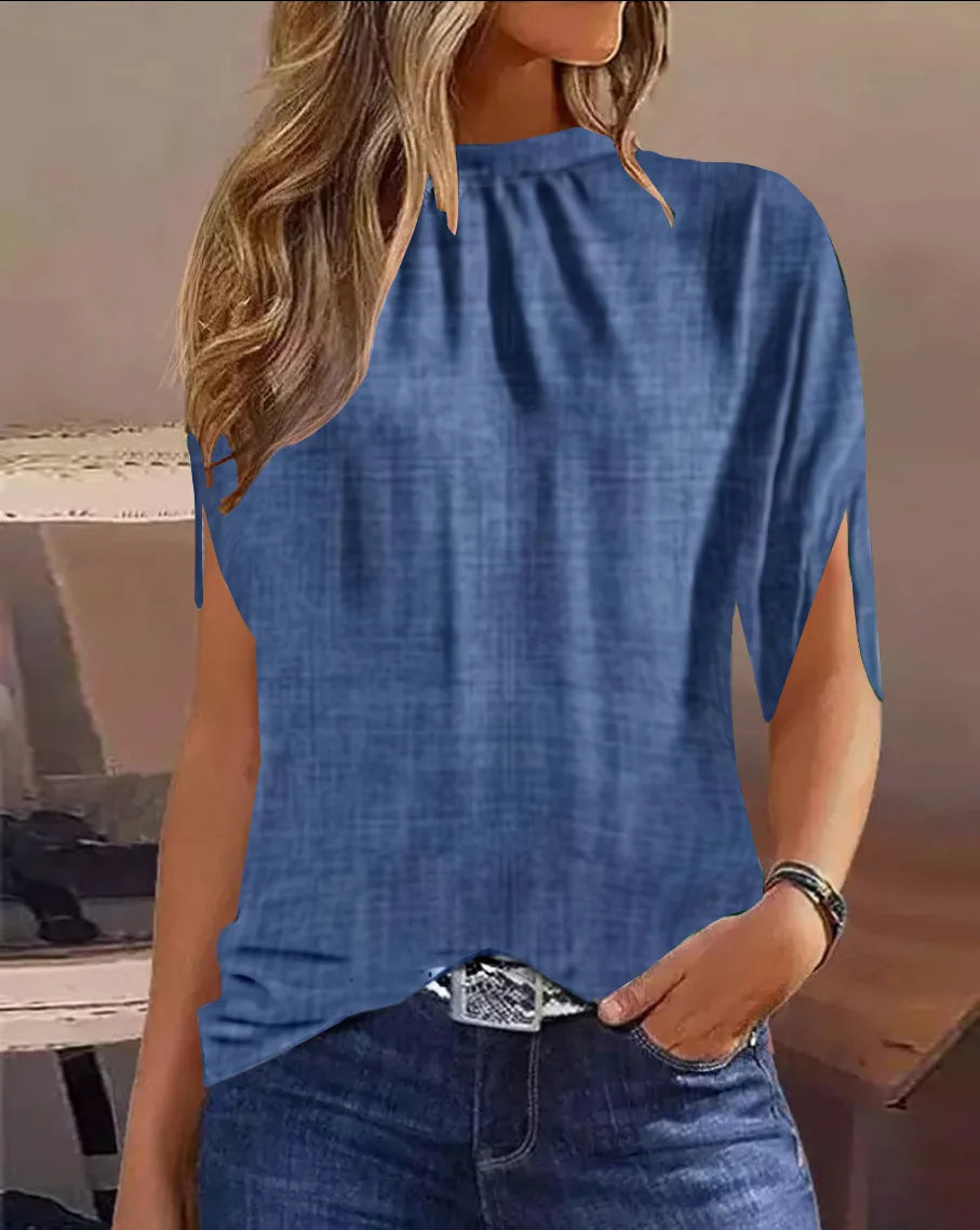 Women Casual Round Neck Floral Printed Shirt 2023 Autumn Short Sleeve Loose Blouses Tops Fashion Elegant Office Lady Blouse