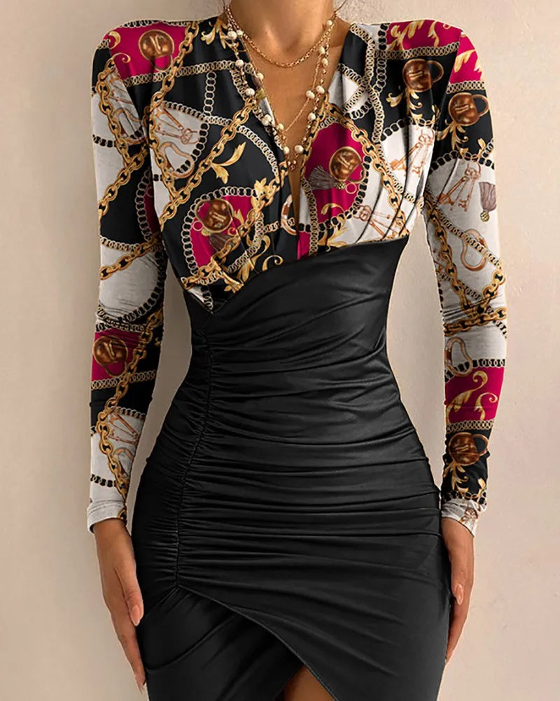 Sexy Women V-Neck Asymmetric Mini Dress Spring Autumn Long Sleeve Floral Bodycon Dresses Slim Split Party Dress Vestidos