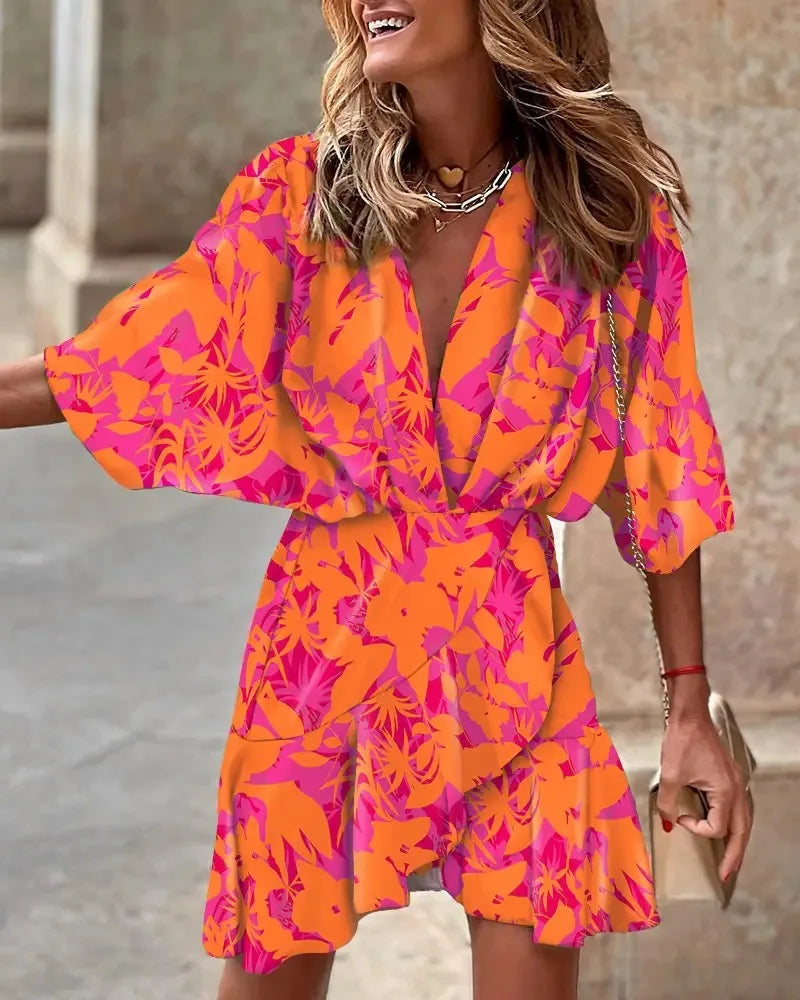 Women Print Dress Sexy V-Neck Bat Sleeve Ruffl Flowers Print Bohemian Beach Sundress Ladies Loose Summer Vacation Mini Dresses