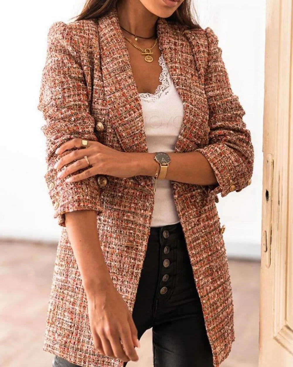 Autumn and winter long-sleeved double-breasted suit collar printed small jacket women's clothing