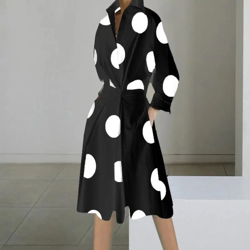 Women's Autumn Dress Long Sleeve Dot Print Elegant Midi Dresses White Casual V Neck Pockets Women Shirt Party Dresses Vestido