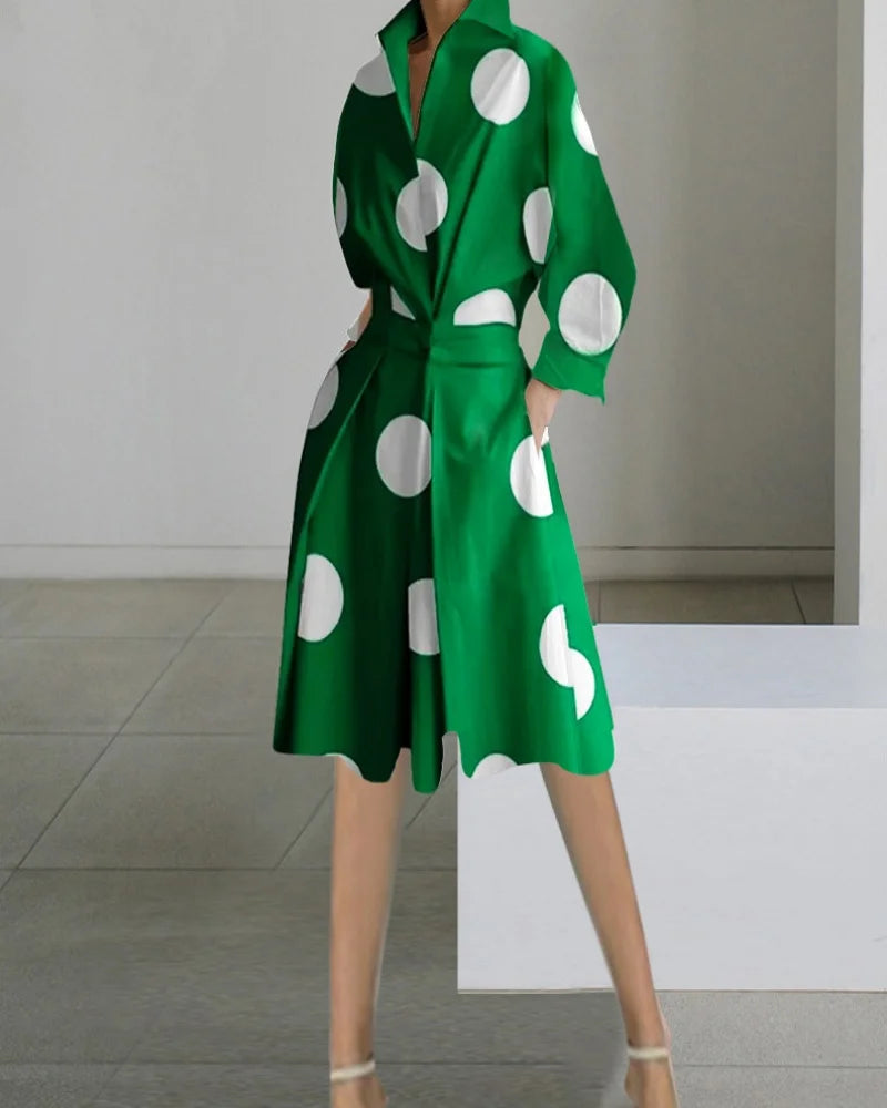 Women's Autumn Dress Long Sleeve Dot Print Elegant Midi Dresses White Casual V Neck Pockets Women Shirt Party Dresses Vestido