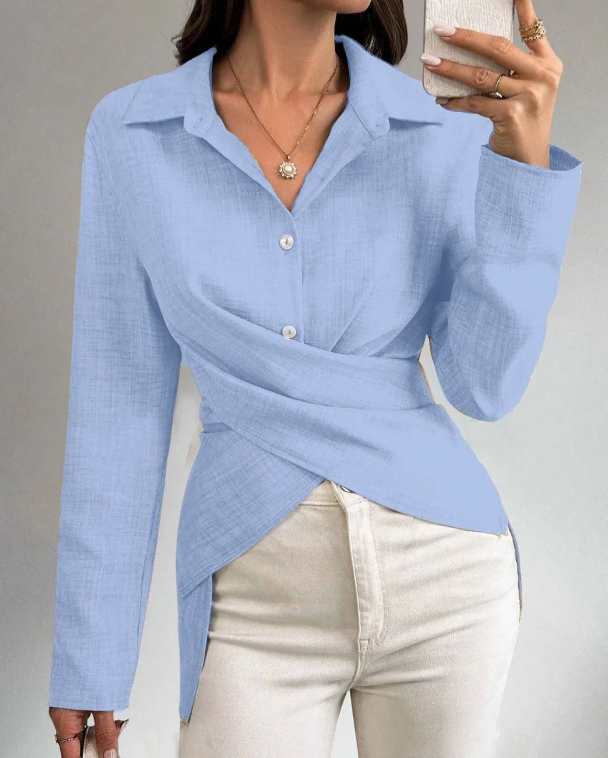 Elegant Autumn Women's Shirt V-Neck Fashion Simple Versatile Waist Cinching Solid Color High Waist Slim Fit Long Sleeved Shirt