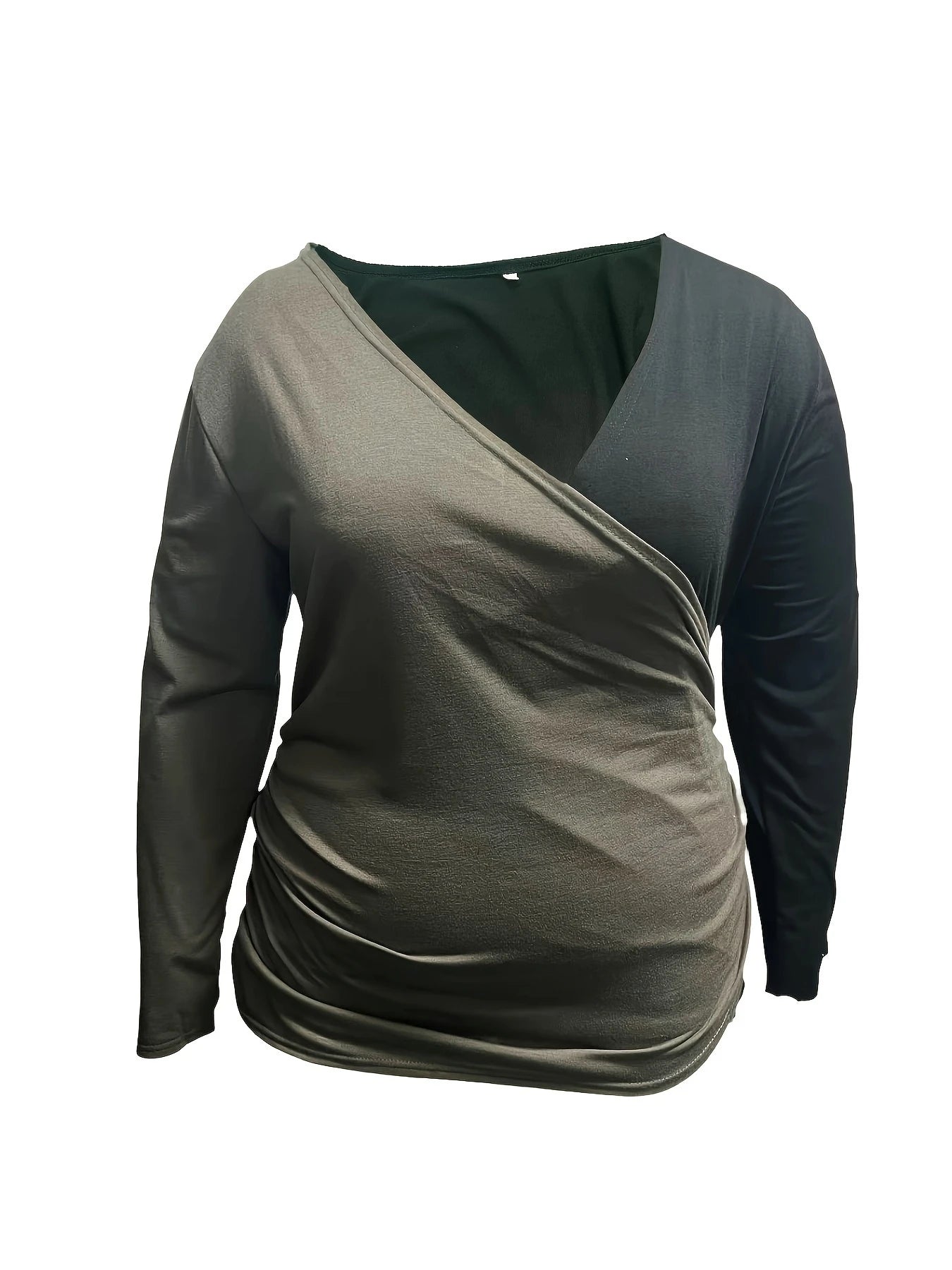 Plus Size Women's Spring and Autumn Blouse Slim Waist Pleated V-neck Fashion Temperament Long Sleeve Tops