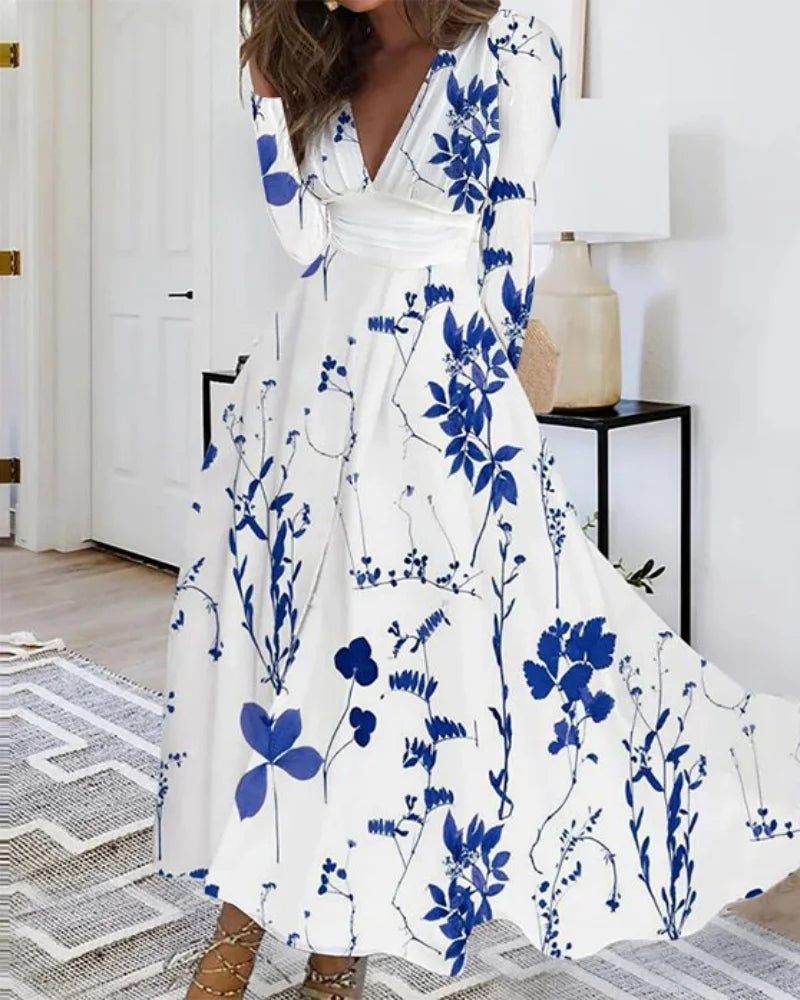 Autumn Elegant Flower Printed Long Dresses For Women Sexy V-neck Long Sleeve Fashion Party Prom Dress Female A-line Maxi Vestido