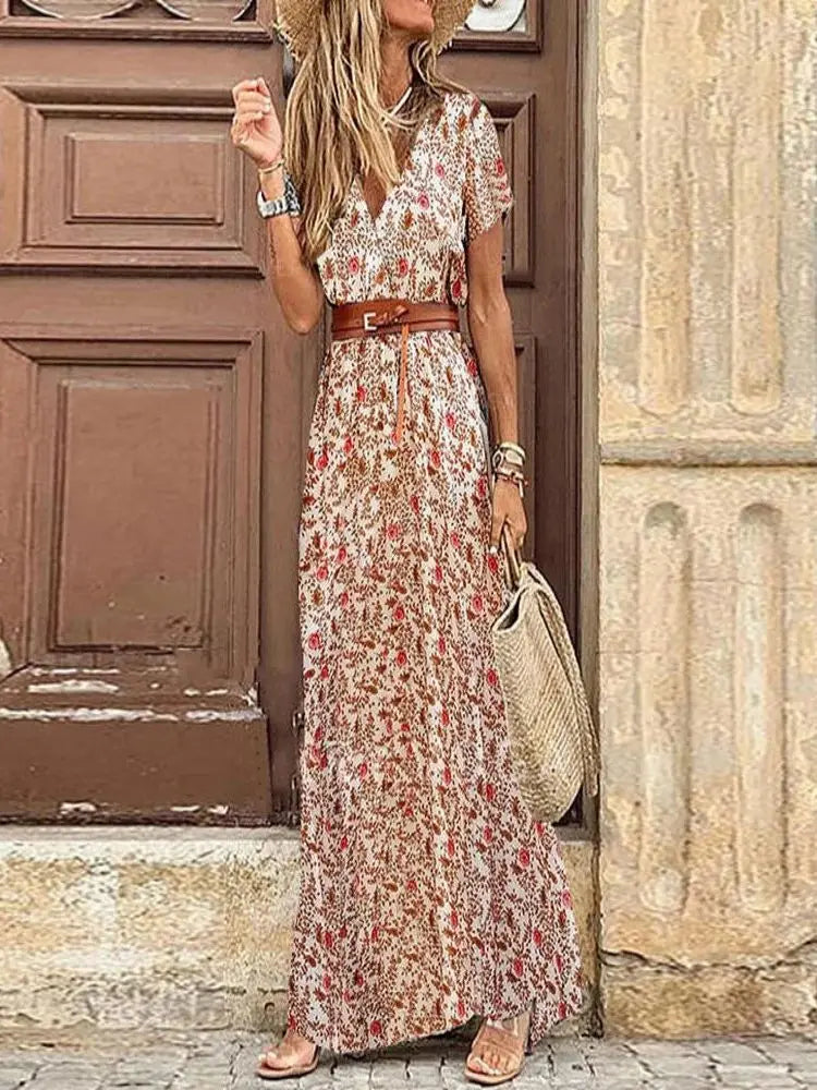 Elegant Floral Pleated H shaped Midi Dress Female V Neck Puff Sleeve Waist Ruched Button Dresses Women Summer Dress Robe