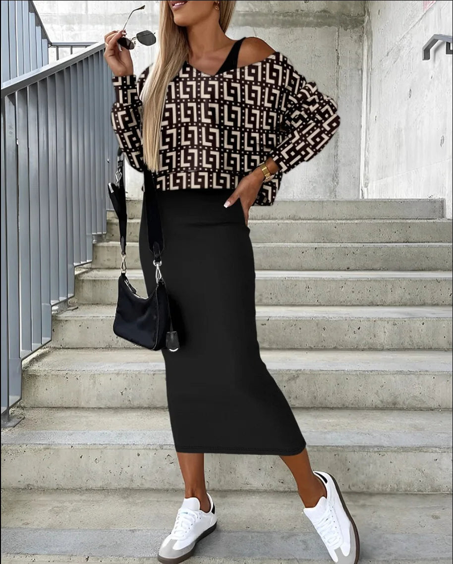 Fashion Print Two Piece Dress Women's Set Sexy Deep V-Neck Top & Bag Hip Long Dress Set 2023 Autumn Winter New Casual Outfit