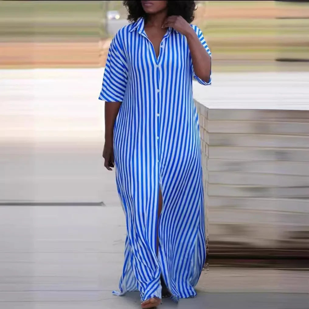 Women Casual Shirt Dress V-Neck Irregular Print Slit Midi Dress Summer Fashion Elegant Beach Vacation Female Clothing