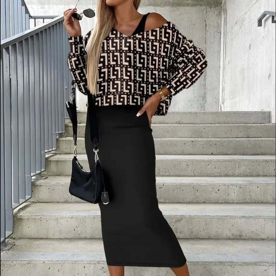 Fashion Print Two Piece Dress Women's Set Sexy Deep V-Neck Top & Bag Hip Long Dress Set 2023 Autumn Winter New Casual Outfit